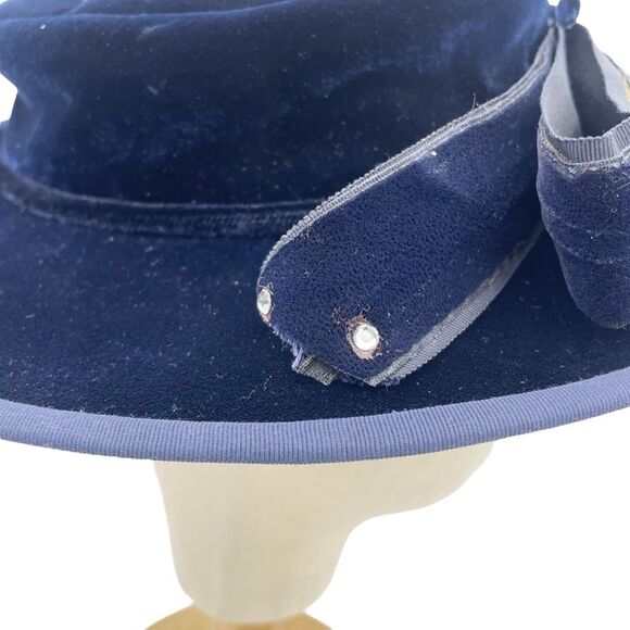 Vintage Makoff Salt Lake City Navy Blue Velvet Hat 22 1/2 Wide Brim Ribbon Bow - Picture 11 of 15